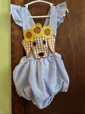 Blue & White Striped Baby Romper with Dog Appliqué